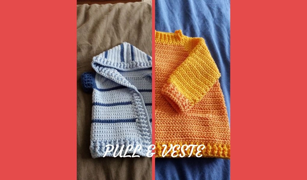 Pour mon neveu, j'ai réalisé deux cadeaux de naissance au crochet : un pull et une veste pour bébé. Deux modèles vraiment très simple à réaliser !